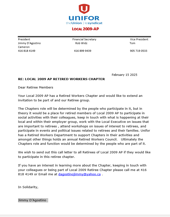 Letter to retirees